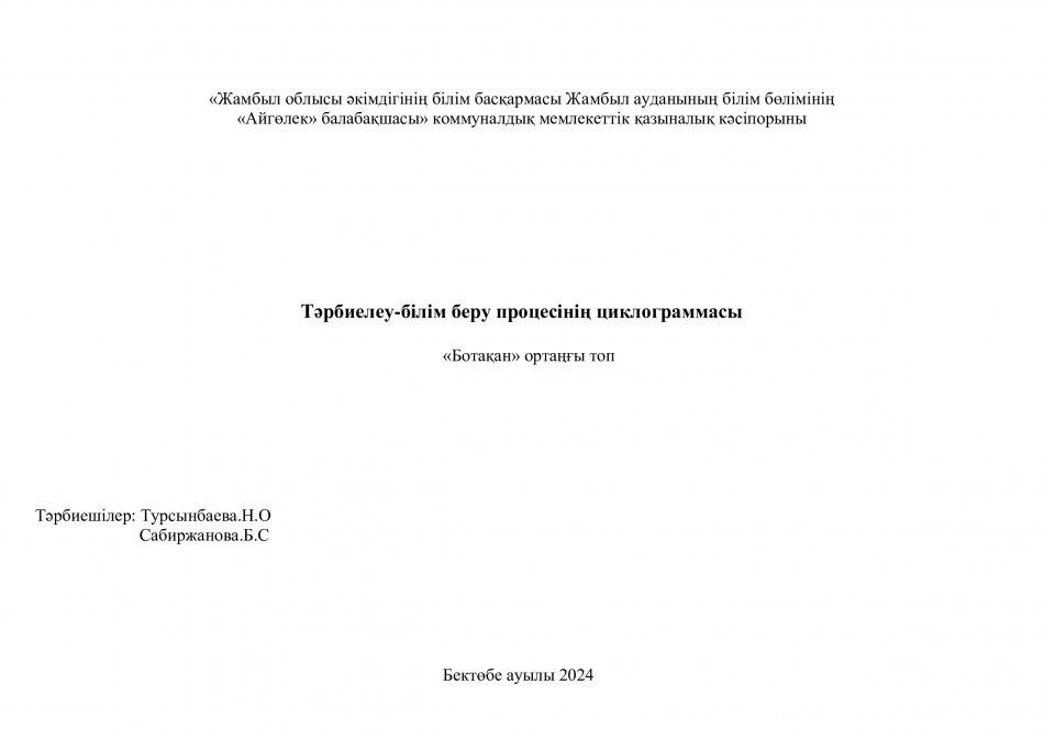 Тәрбиелеу-білім беру процесінің циклограммасы "Ботақан"тобы