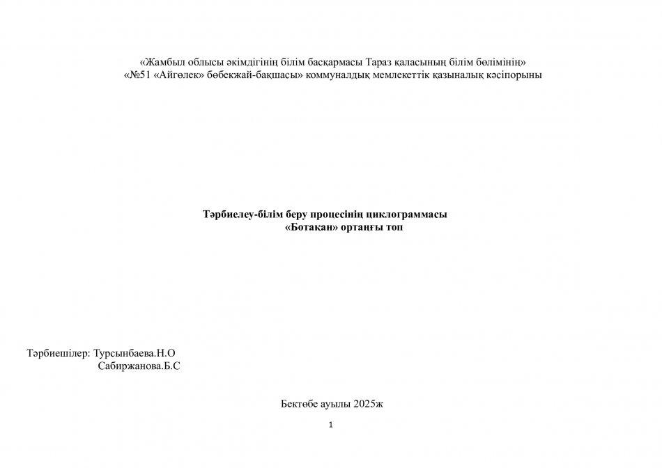Тәрбиелеу-білім беру процесінің циклограммасы "Ботақан"тобы