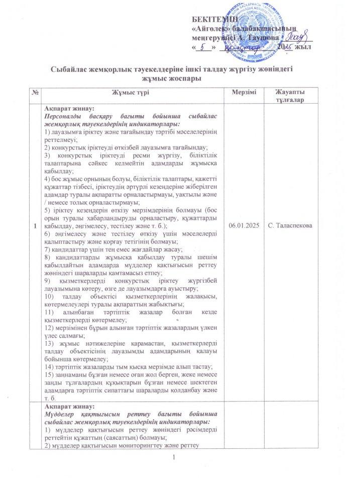 Сыбайлас жемқорлық тәуекелдеріне ішкі талдау жүргізу жөніндегі жұмыс жоспары