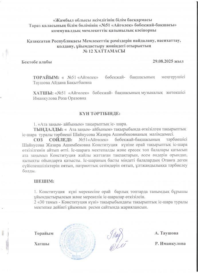 Қазақсатан Республикасы Мемлекеттік рәміздерін пайдалану, насихаттау, қолдану, ұйымдастыру жөніндегі отырыстың  № 12 ХАТТАМАСЫ